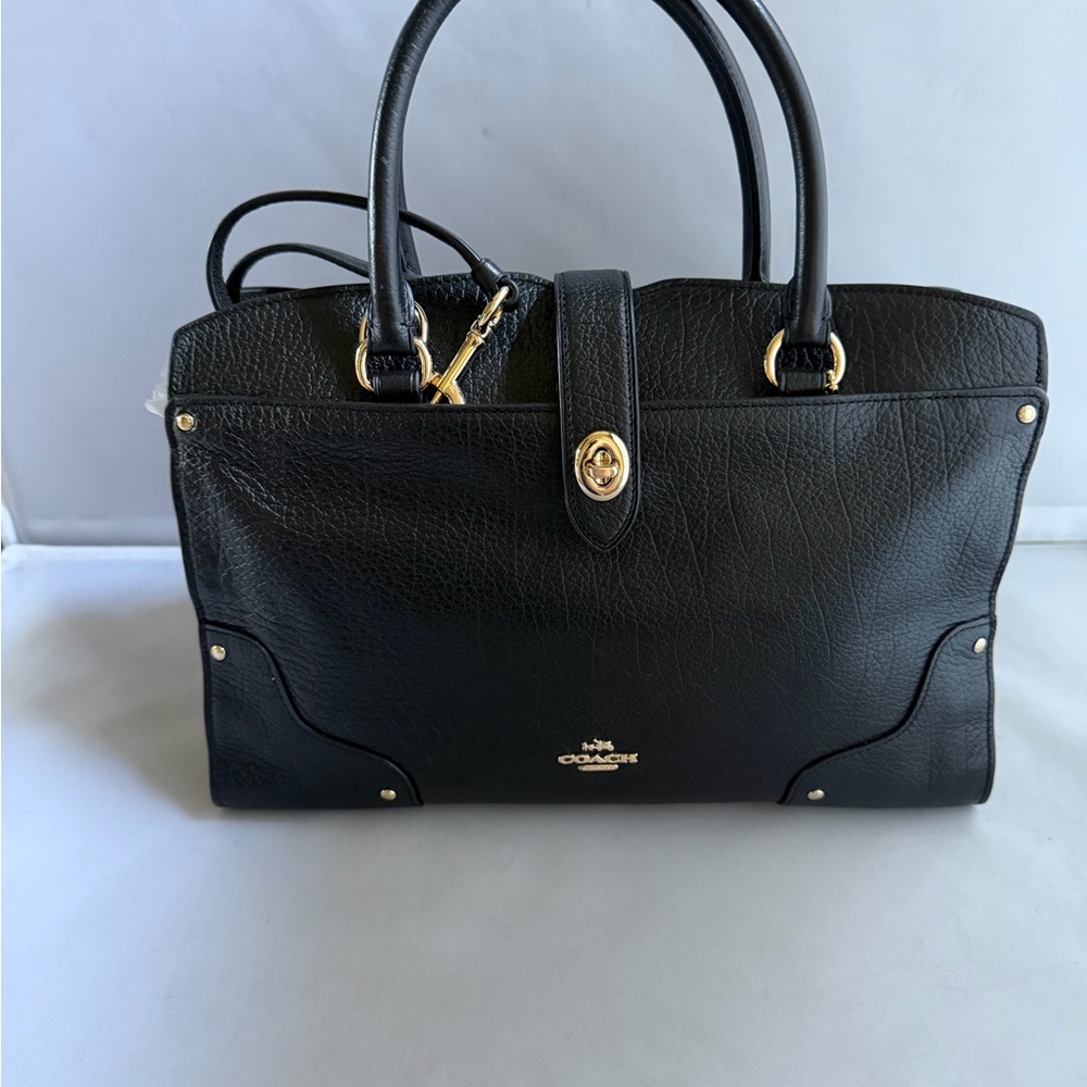Coach MERCER Black Leather Satchel with Gold-Tone Accents